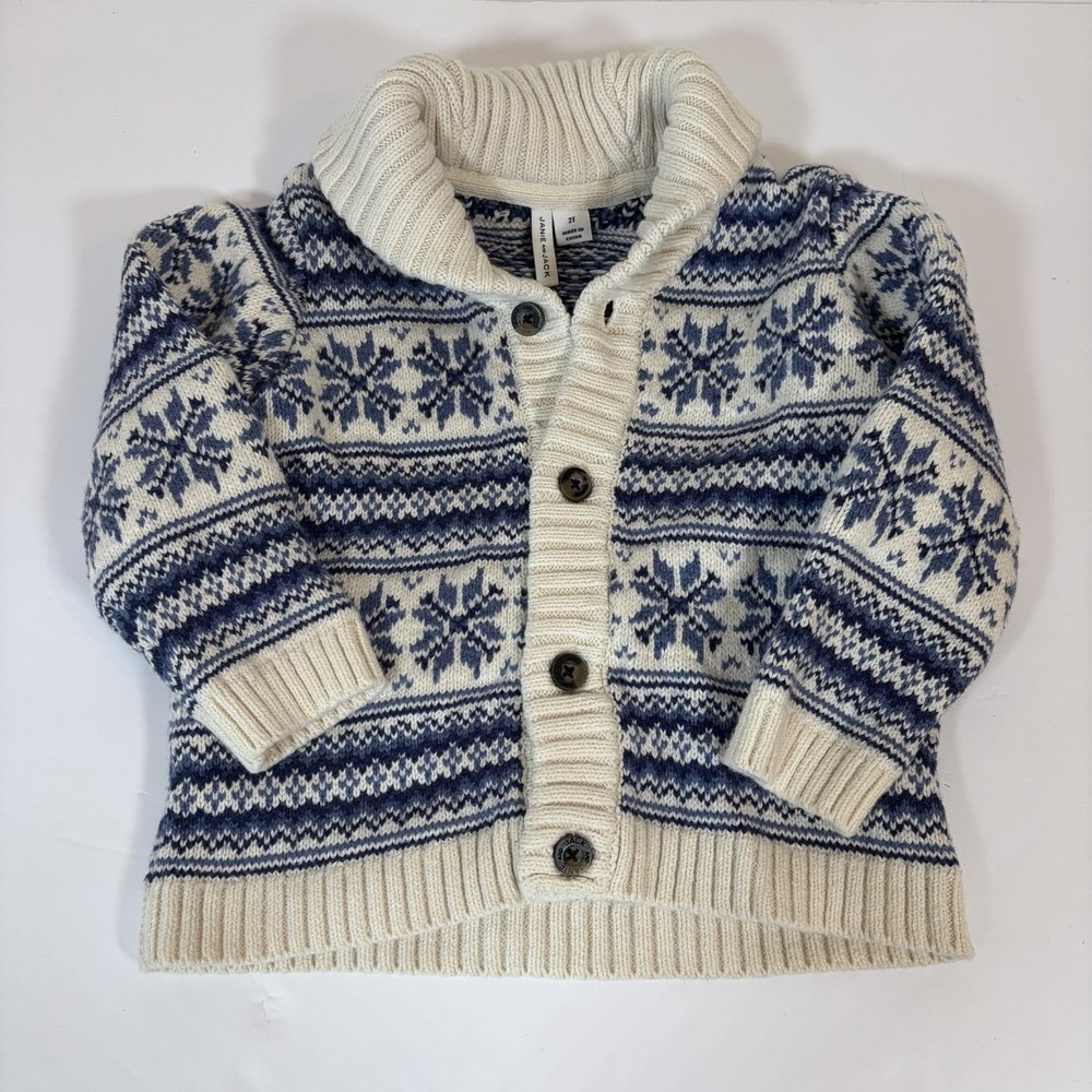 Janie and Jack Fair Isle 2T‎ Snowflake Button Cardigan collared Thick Sweater